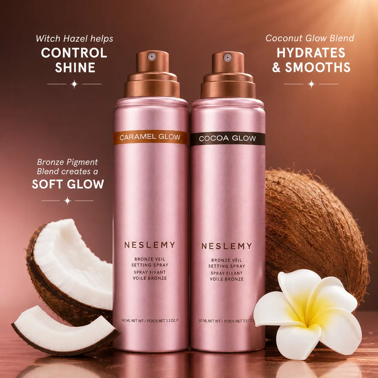NESLEMY Bronze Veil Waterproof Setting Spray – Sun-Kissed Glow Makeup Finishing Mist