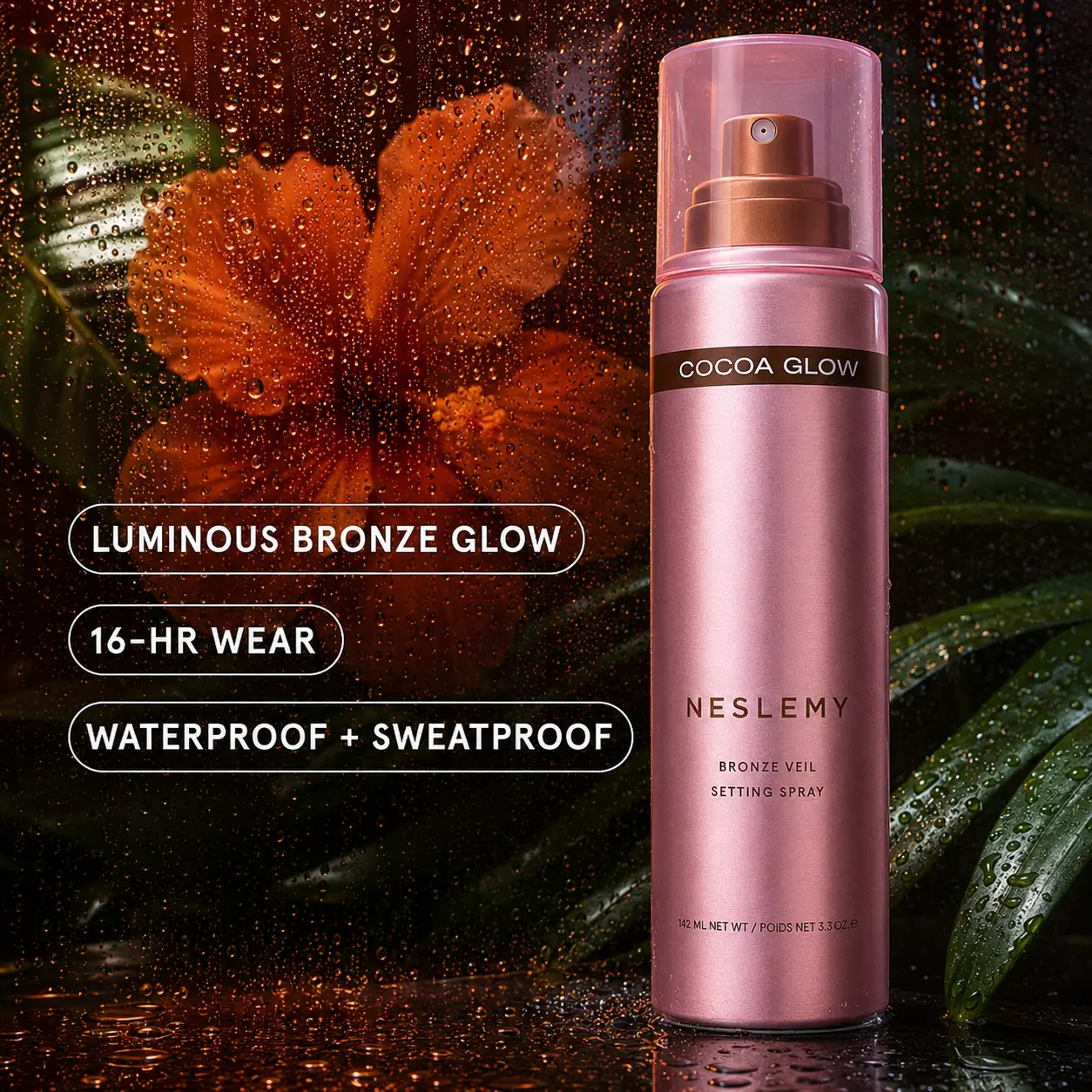 NESLEMY Bronze Veil Waterproof Setting Spray – Sun-Kissed Glow Makeup Finishing Mist
