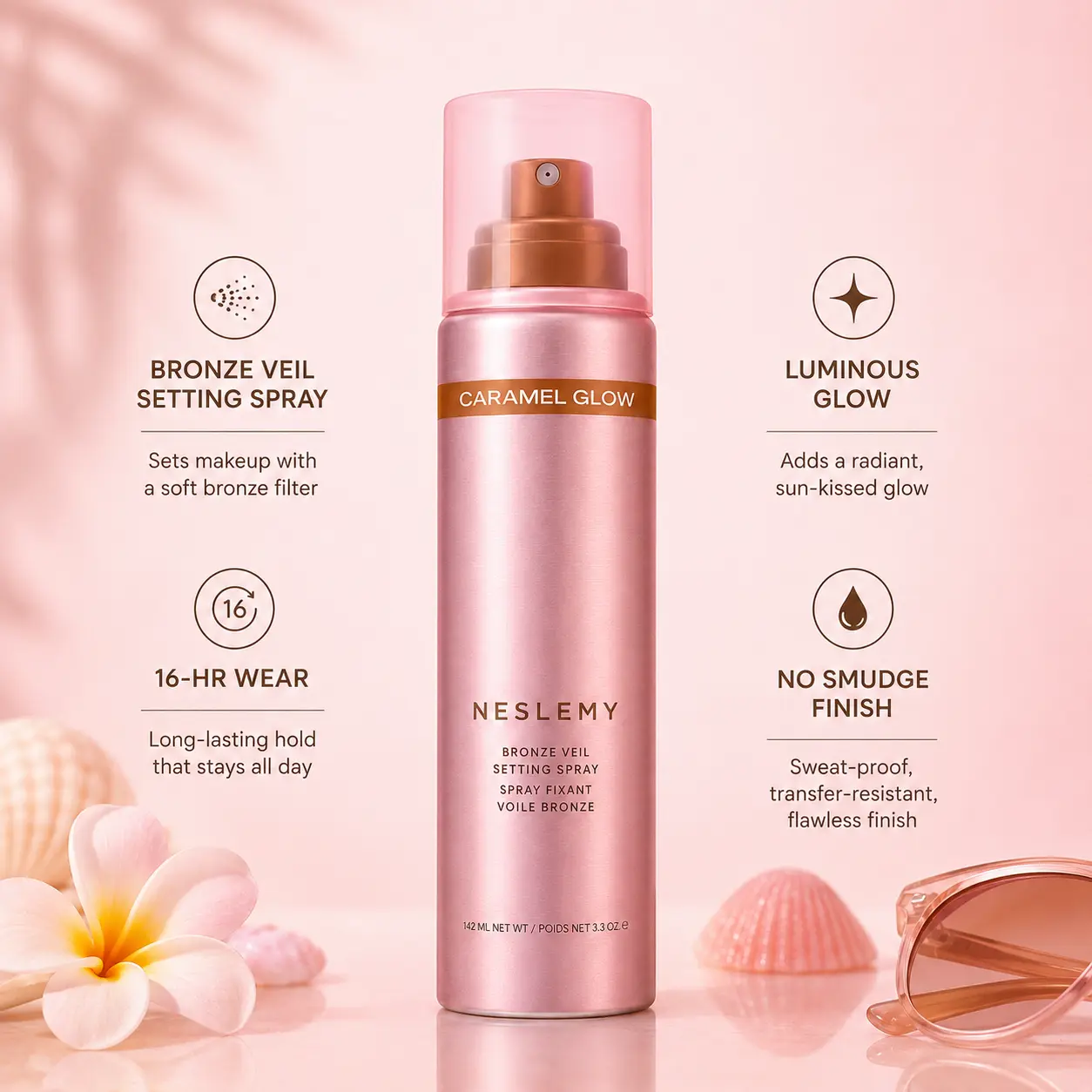 NESLEMY Bronze Veil Waterproof Setting Spray – Sun-Kissed Glow Makeup Finishing Mist